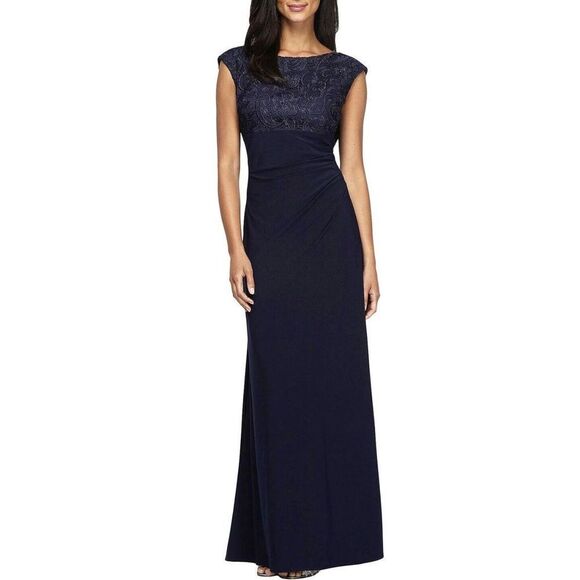 Alex Evenings Sz 8 Navy Embroidered Lace Bodice Cap Sleeve Full Length Dress $26 - Picture 8 of 9
